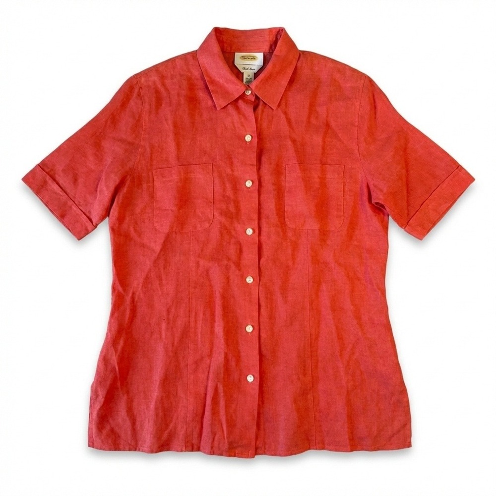 Talbots Coral Button-Front Linen Short Sleeve Shirt